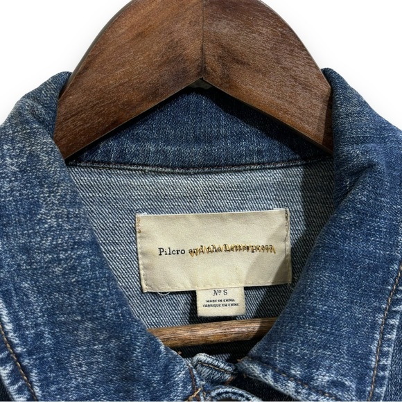 Pilcro and the Letterpress Avie Leather Tab Denim Trucker Jacket Size S 16x20 - Picture 6 of 7